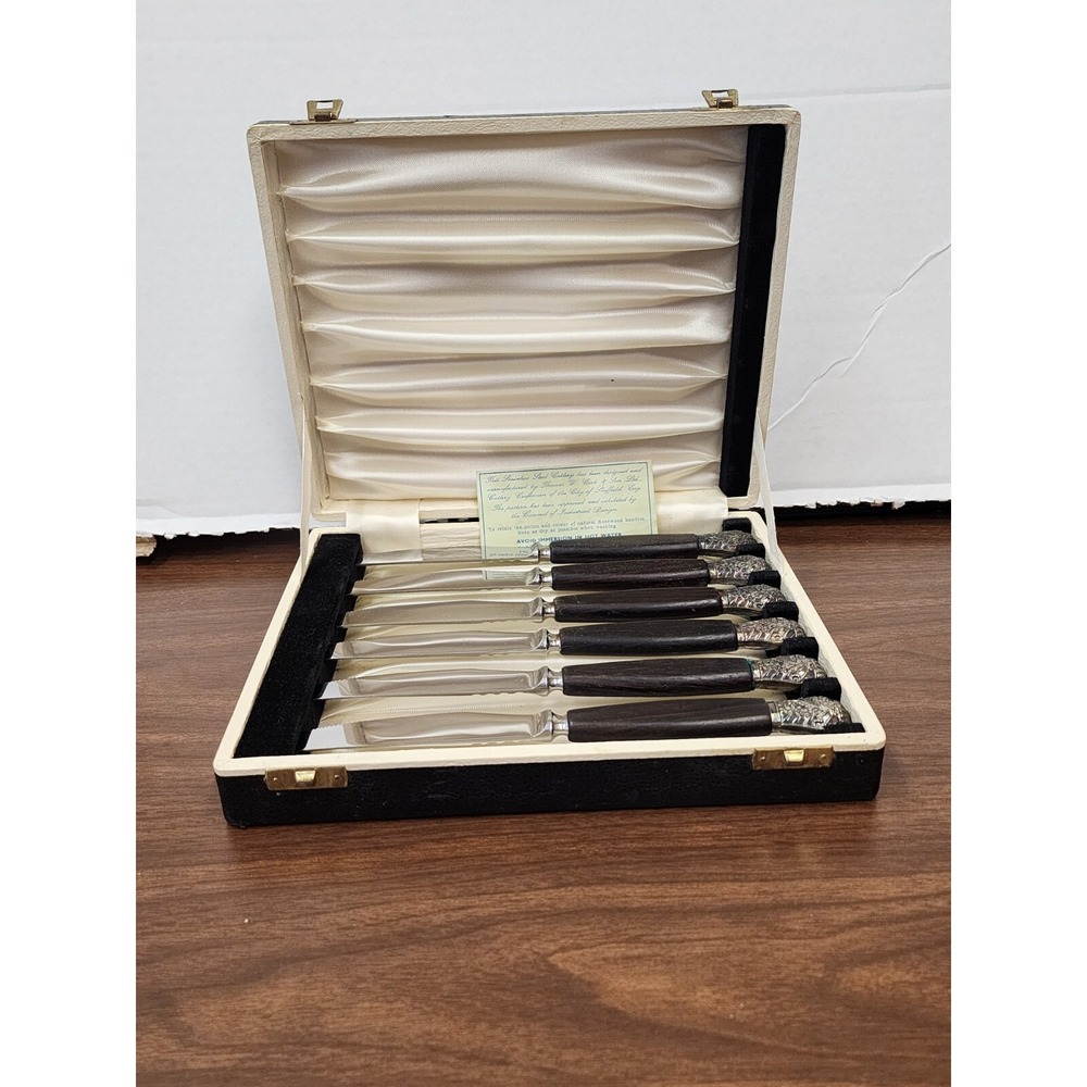 Cork & Son Sheffield, England Rosewood Razoredge Stainless 6 Knives & Box Lot